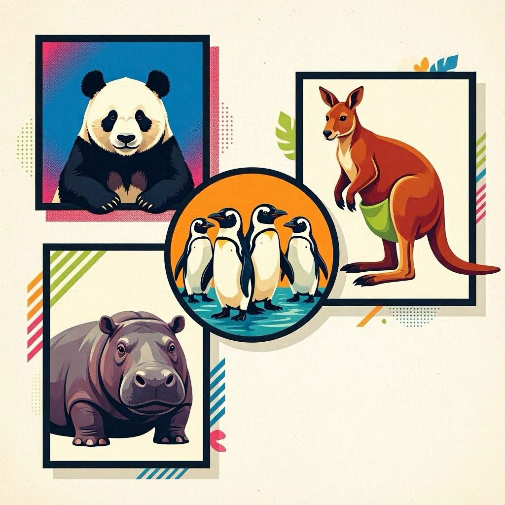 An artistic collage of diverse zoo animals—pandas, kangaroos, penguins, and hippos—arranged in geometric frames, vibrant pop-art digital style, bold complementary colors, high contrast lighting, crisp vector edges for a modern graphic look.
