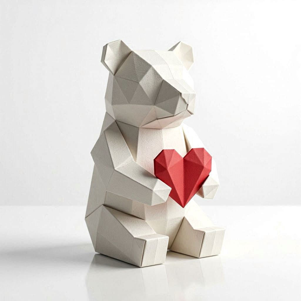 An origami-style geometric bear figure holding a folded paper heart, rendered in minimalist 3D digital art, placed on a smooth white surface with soft shadowing, monochromatic palette accented by a vivid crimson heart, studio lighting for sharp contrast.